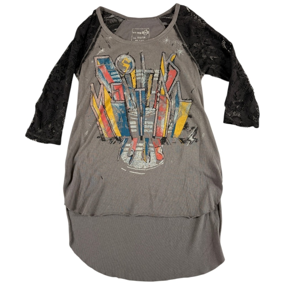We The Free Renegade Top Women X Small Heathered Gray Graphic Print High Low Hem